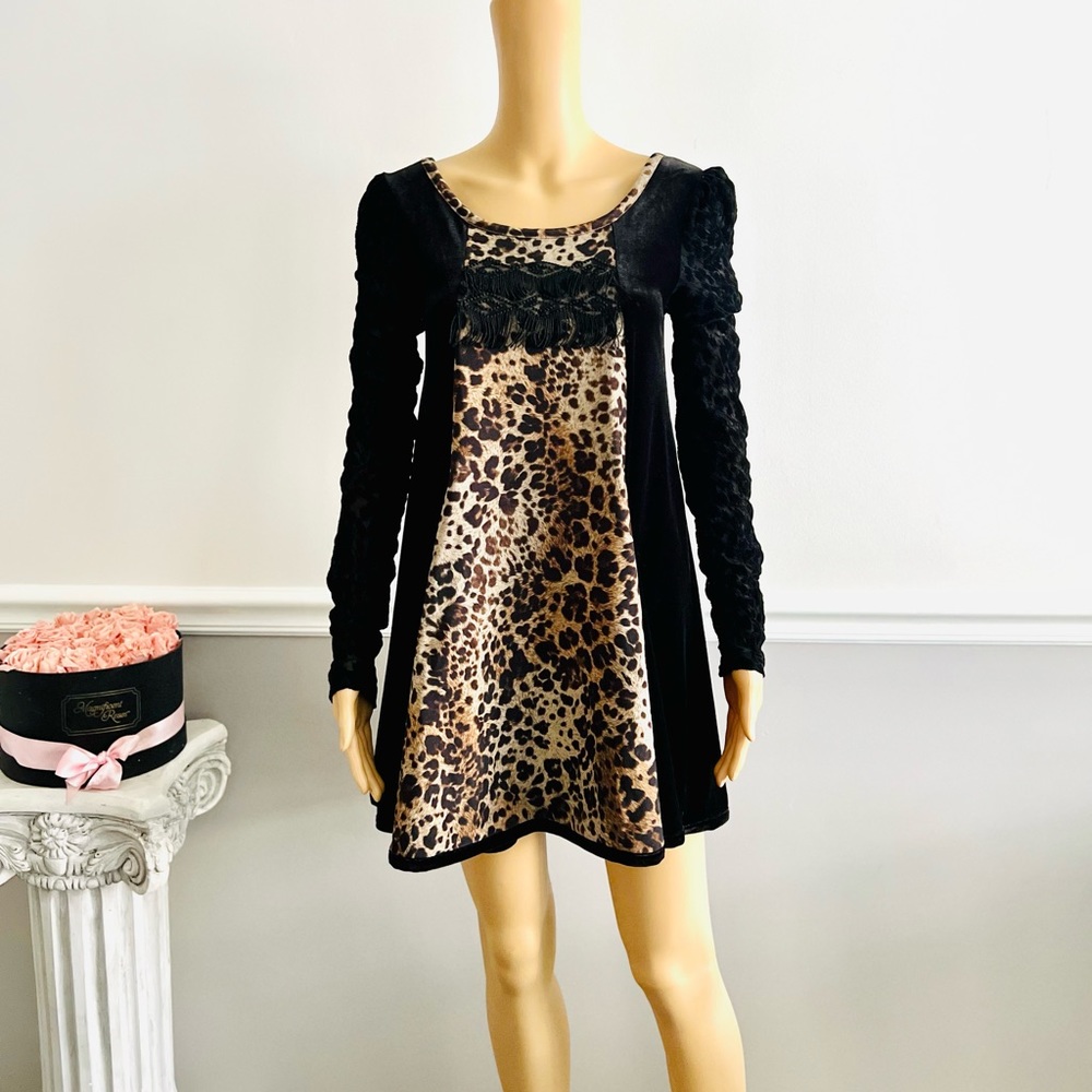 SAVE THE QUEEN Velvet Dress Tunic Long Sleeve Leopard Print MADE IN ITALY Sz M